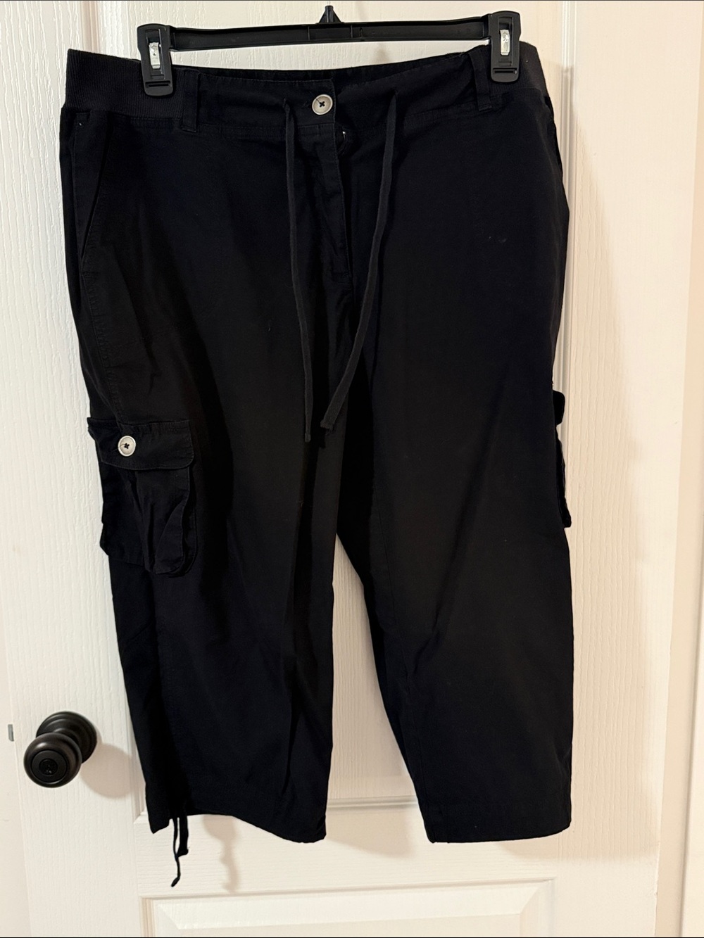 Women's Black Cargo Capri Shorts with Drawstring Waist